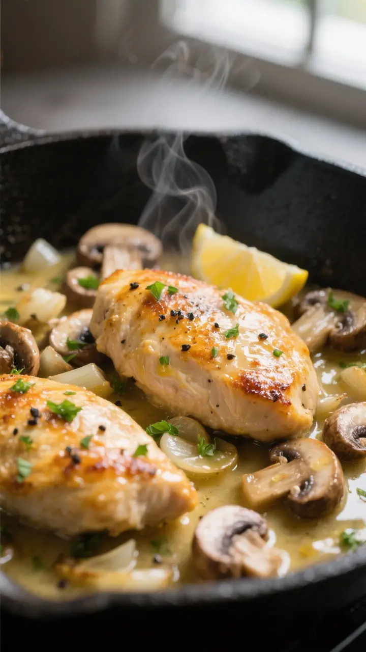 Close-up detail: Golden-browned chicken breasts nestled in sautéed cremini and mixed mushrooms, coa