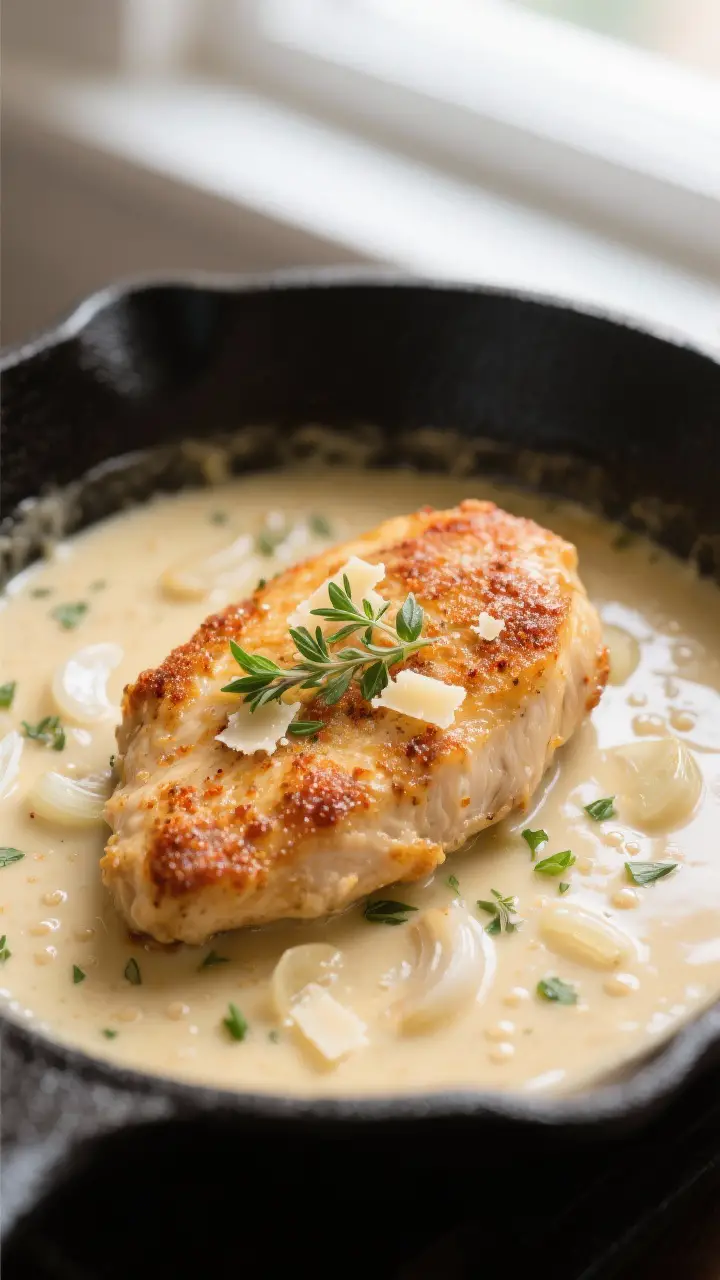 Close-up detail: Golden-browned chicken cutlet nestled in a silky creamy garlic sauce, visible fleck