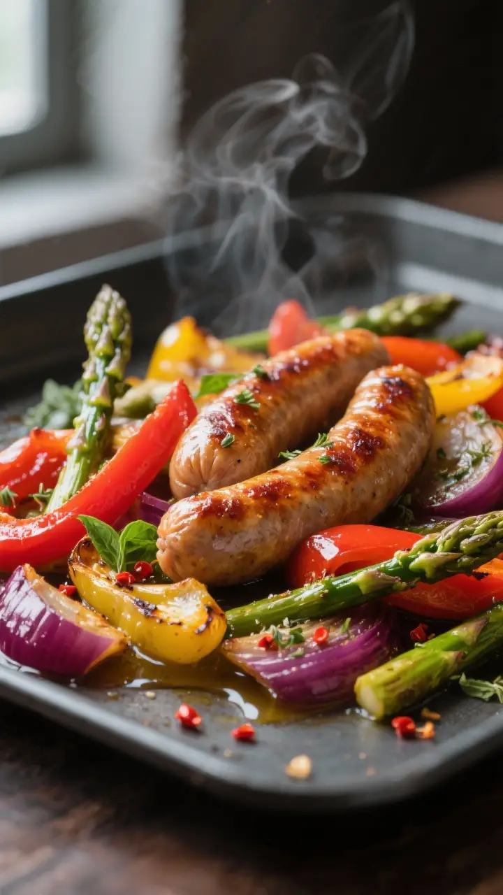 Close-up detail: Golden-browned Italian sausages nestled among roasted bell pepper strips (red, yell