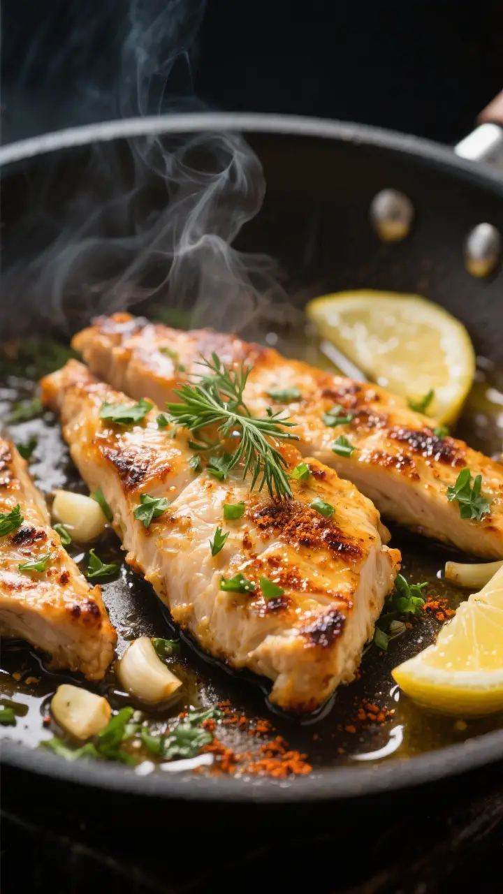 Close-up detail: Golden-browned lemon herb chicken strips sizzling in a skillet, edges slightly char