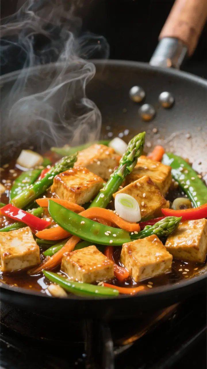 Close-up detail: Golden-browned tofu cubes sizzling in a wok as the glossy soy-ginger-garlic sauce t