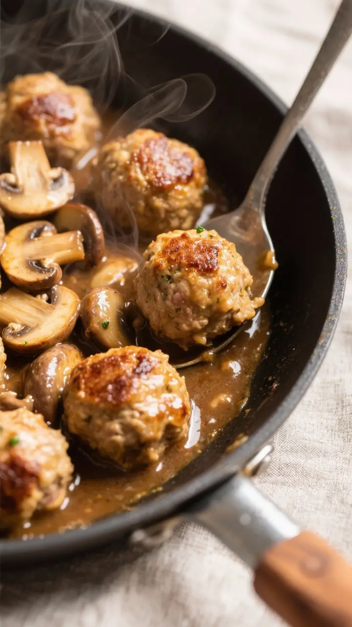 Close-up detail: Golden-browned turkey–pork meatballs nestled in glossy mushroom gravy mid-simmer 