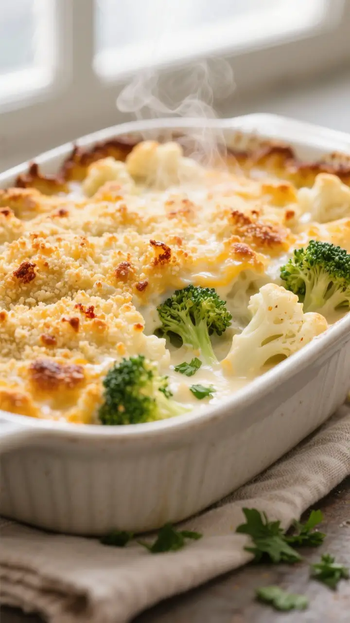 Close-up detail: Golden, bubbling broccoli cauliflower casserole just out of the oven, focusing on t