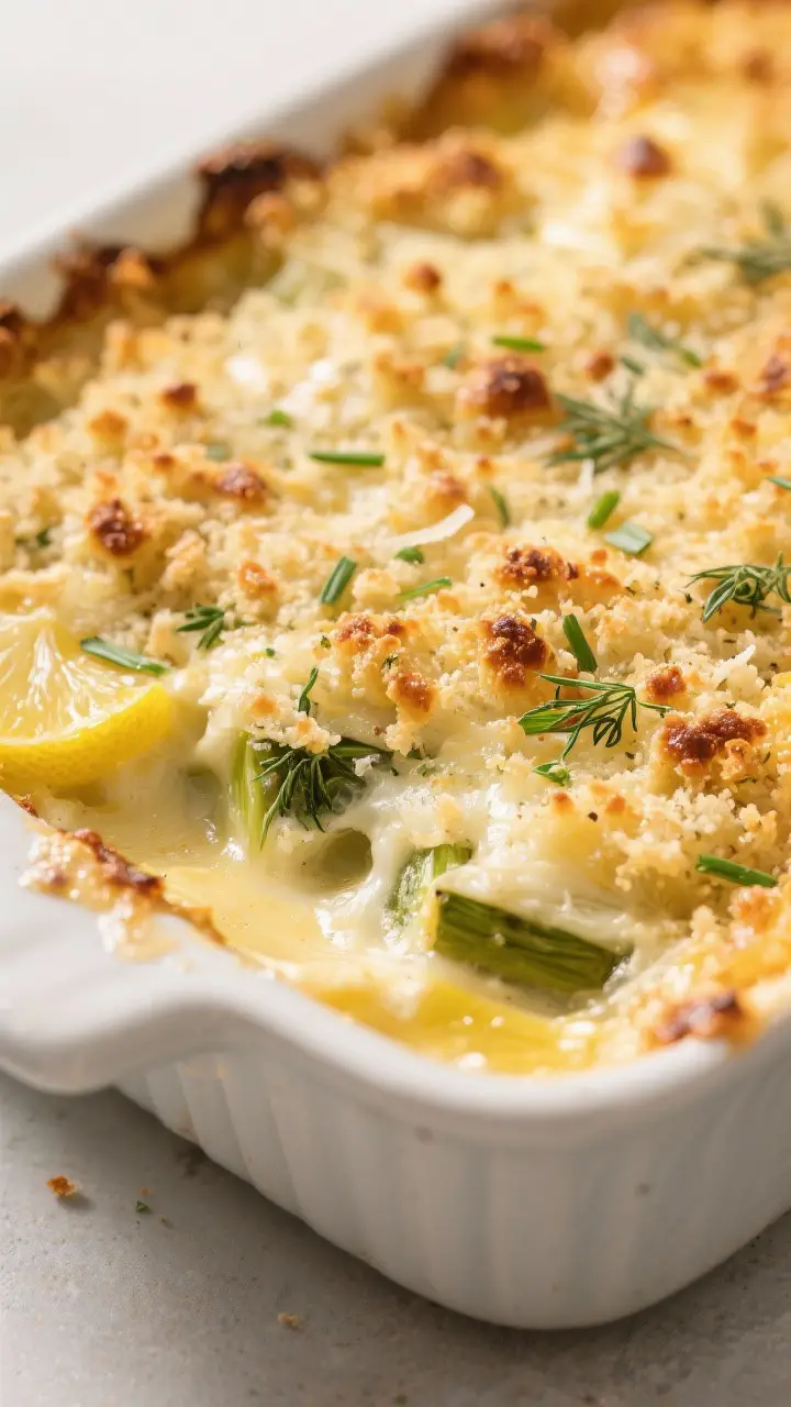 Close-up detail: Golden, bubbling spring vegetable gratin just out of the oven, showing crisp, herb-