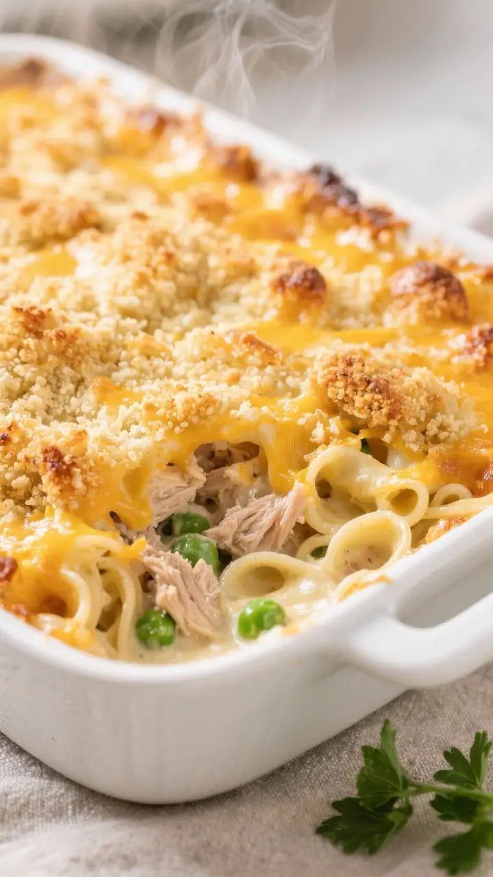 Close-up detail: Golden, bubbling tuna noodle casserole just out of the oven, focus on the crisp but