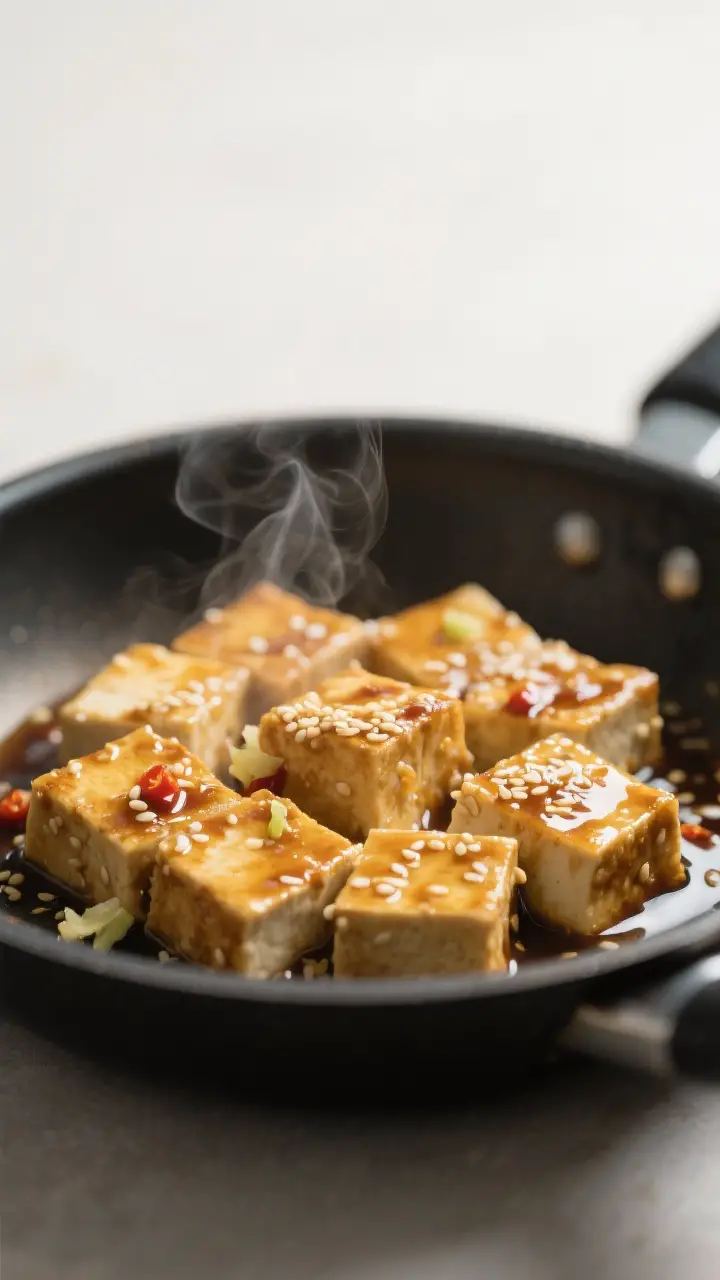 Close-up detail: Golden, crisp-edged tofu cubes just glazed in a glossy sesame-ginger sauce in a non