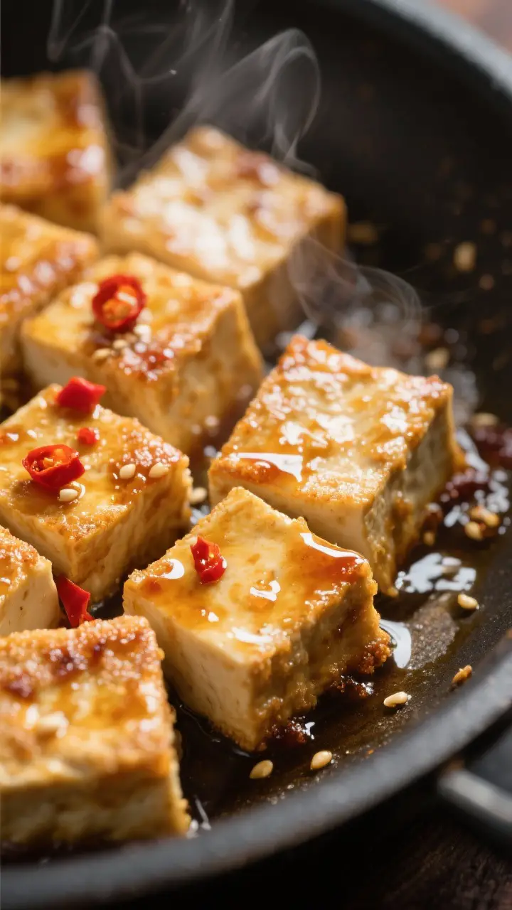 Close-up detail: Golden, crispy-edged extra-firm tofu cubes just after glazing in a skillet, coated 