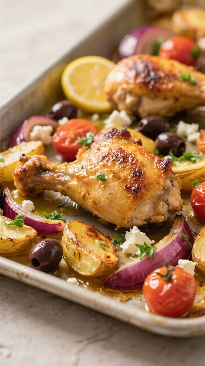 Close-up detail: Golden, crispy-skinned bone-in chicken thighs nestled among caramelized Yukon gold 