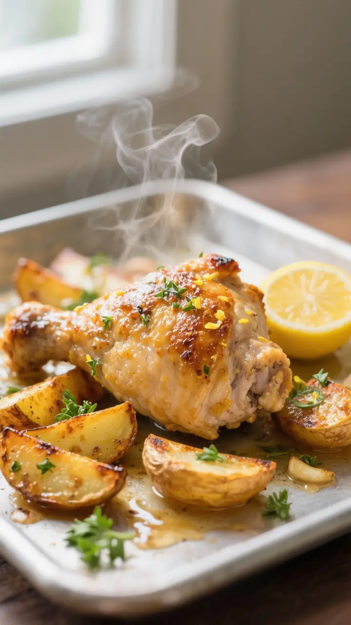 Close-up detail: Golden, crispy-skinned Greek lemon chicken thigh nestled over caramelized Yukon Gol