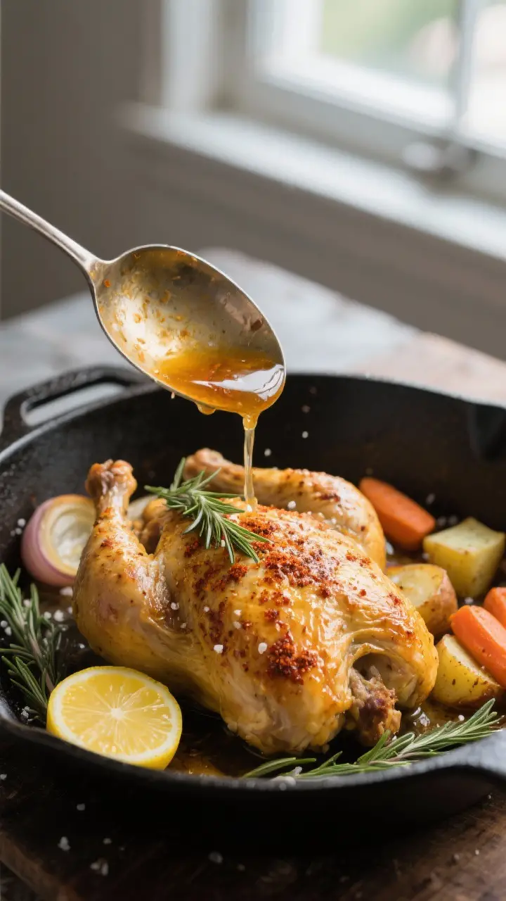 Close-up detail: Golden, crispy-skinned lemon rosemary roasted chicken just out of the oven, basting