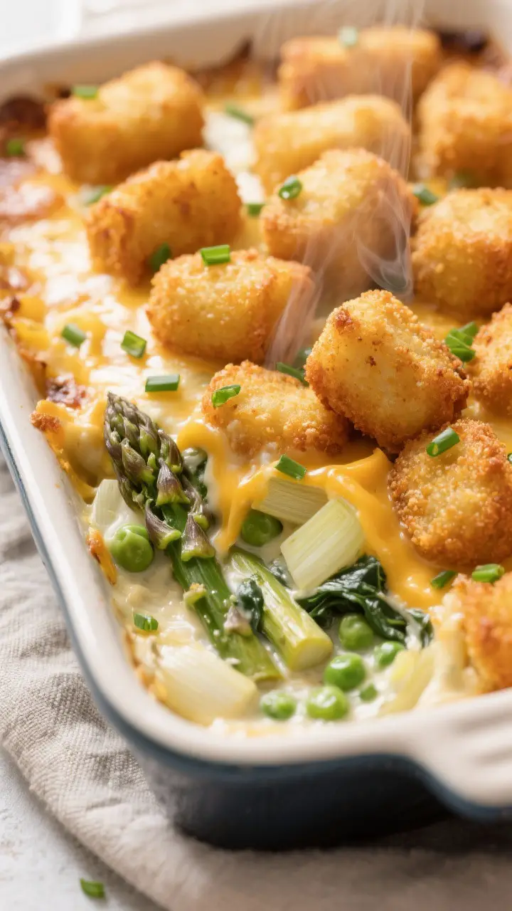 Close-up detail: Golden, crispy tater tots just out of the oven, tightly layered over a bubbling cre