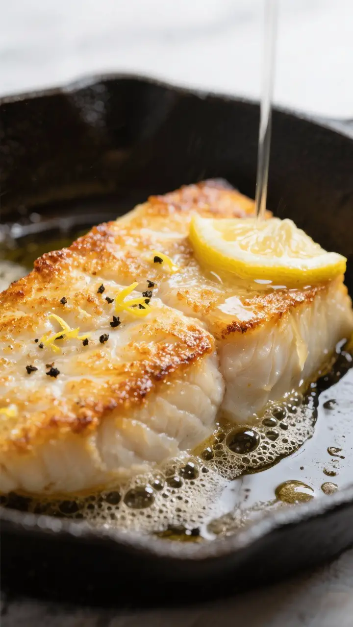 Close-up detail: Golden-crusted halibut fillet just after flipping, basting in foaming butter with a