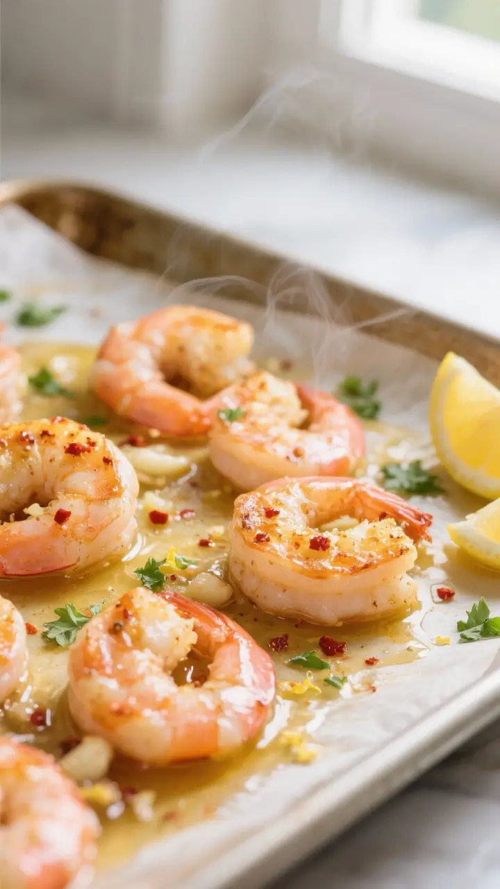 Close-up detail: Golden, just-baked lemon garlic shrimp glistening with butter-olive oil pan sauce o