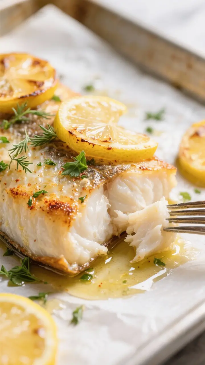 Close-up detail: Golden, lemon-herb baked cod just out of the oven, highlighting flaky, opaque white