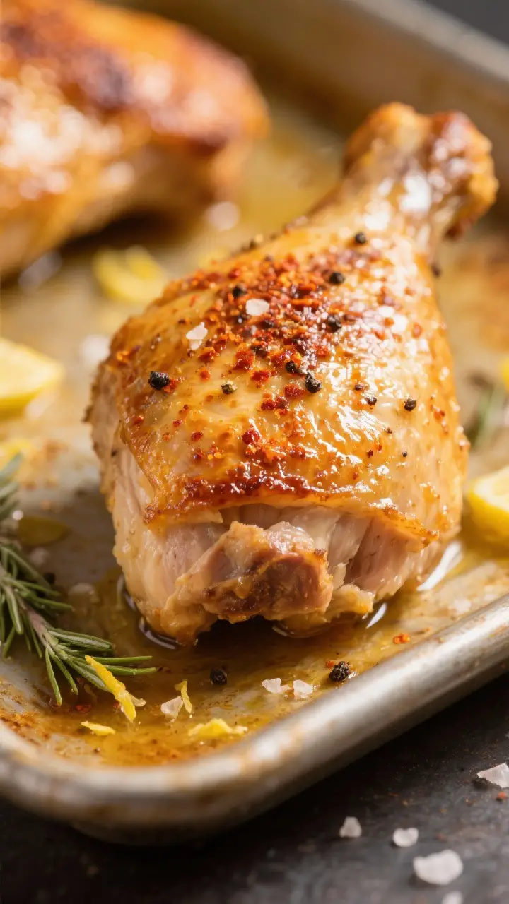 Close-up detail: Golden, oven-baked bone-in chicken thigh with deeply rendered, crispy crackling ski