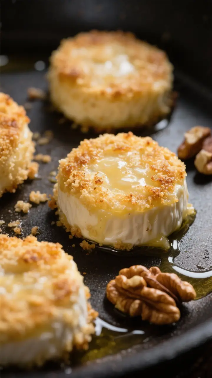 Close-up detail: Golden, pan-fried goat cheese rounds just out of the skillet, panko crust crisp and