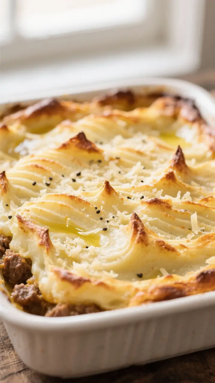Close-up detail: Golden, ridged mashed potato topping of spring shepherd’s pie just out of the ove