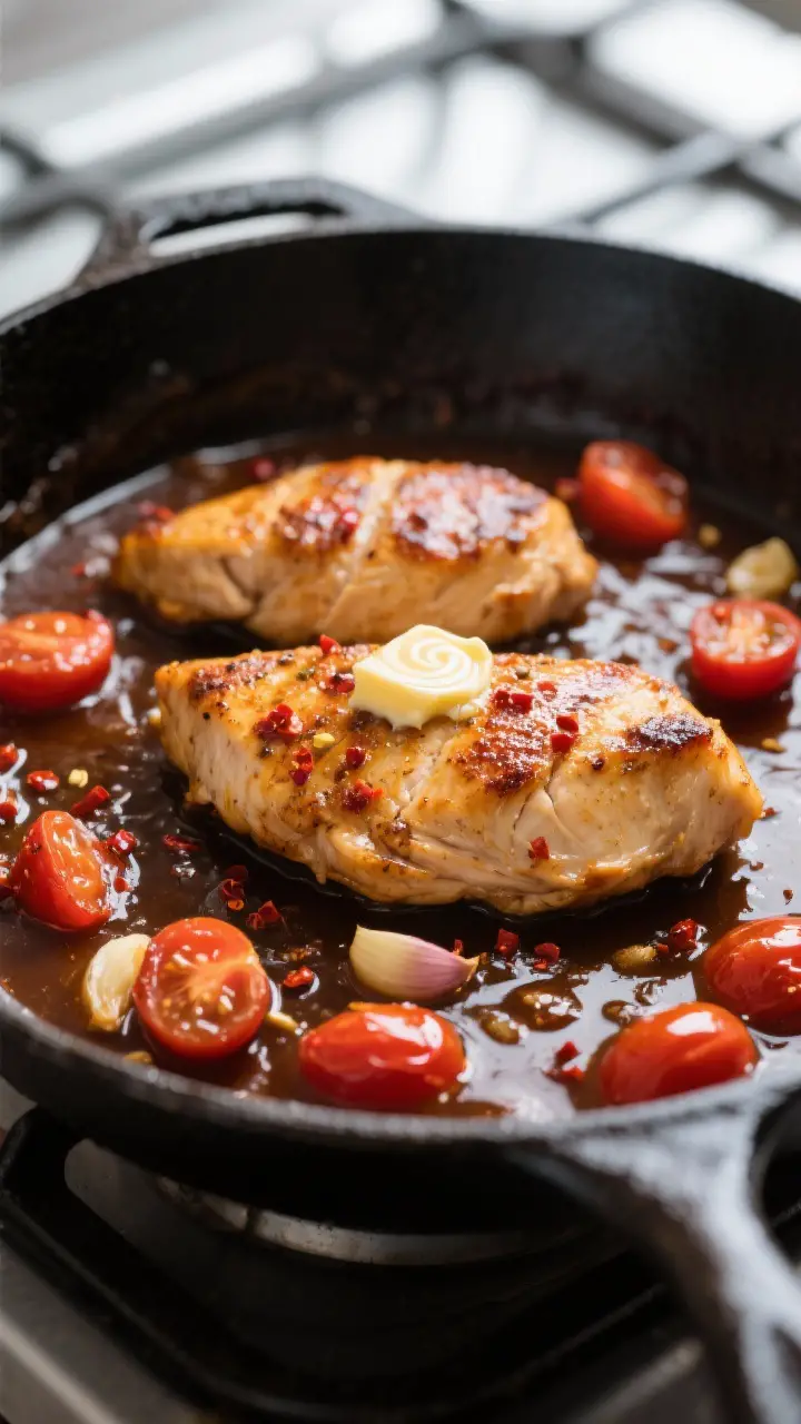 Close-up detail: Golden-seared chicken breasts nestled in a simmering balsamic-tomato pan sauce, glo