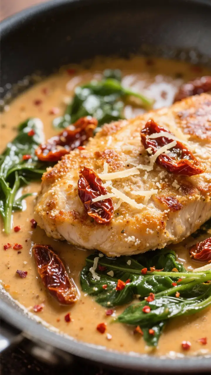 Close-up detail: Golden-seared chicken cutlet nestled in a glossy, creamy Tuscan sauce, with ribbons