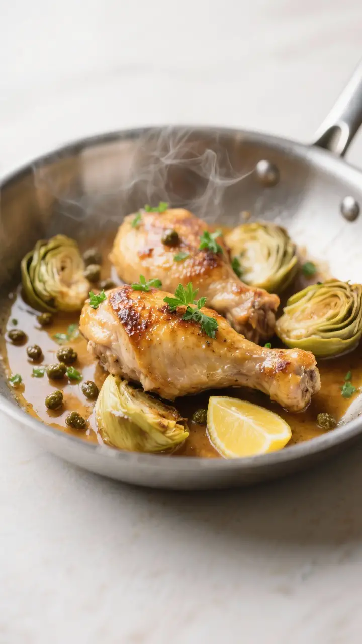 Close-up detail: Golden-seared chicken thigh pieces nestled with quartered artichoke hearts in a sta
