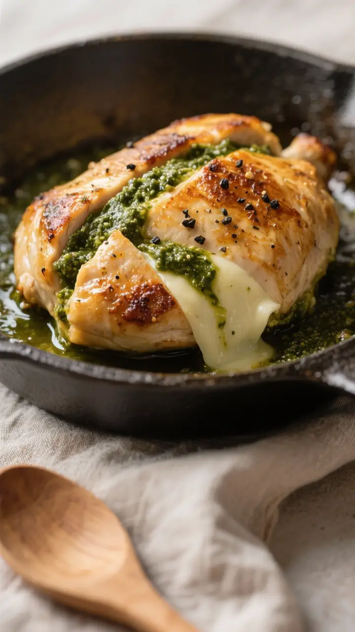 Close-up detail: Golden-seared pesto stuffed chicken breast in an oven-safe skillet, cheese just beg
