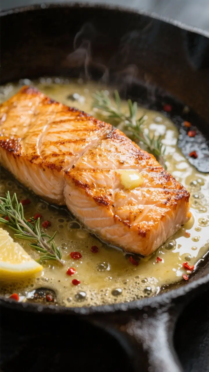 Close-up detail: Golden-seared salmon fillet just flipped in a cast-iron skillet, showing a deep, re