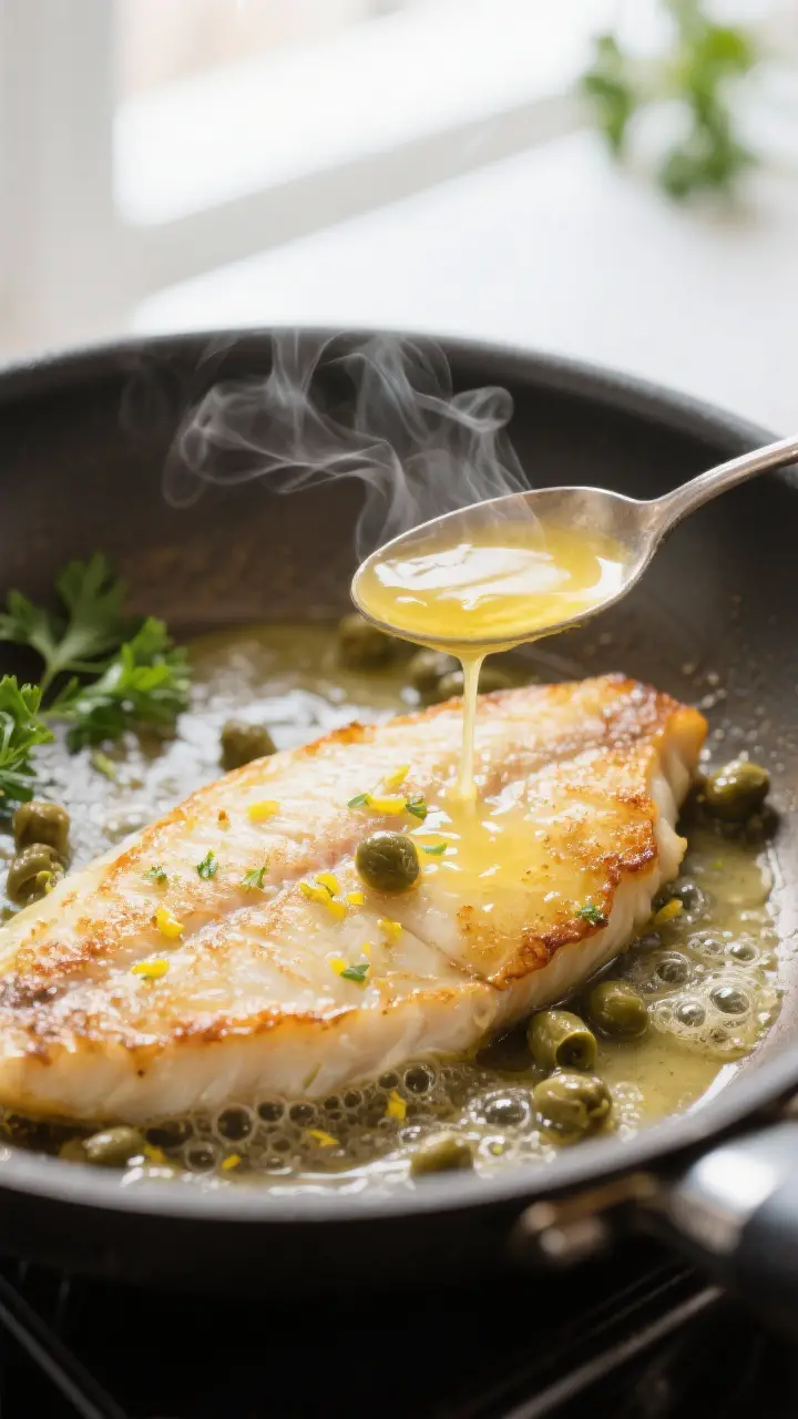 Close-up detail: Golden-seared sole fillet being spoon-basted with glossy lemon butter sauce in a st