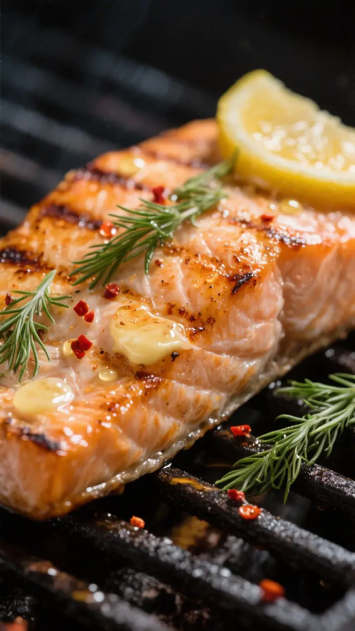 Close-up detail: Grilled lemon-dill salmon fillet just off the grill, skin-side crisp and top lightl