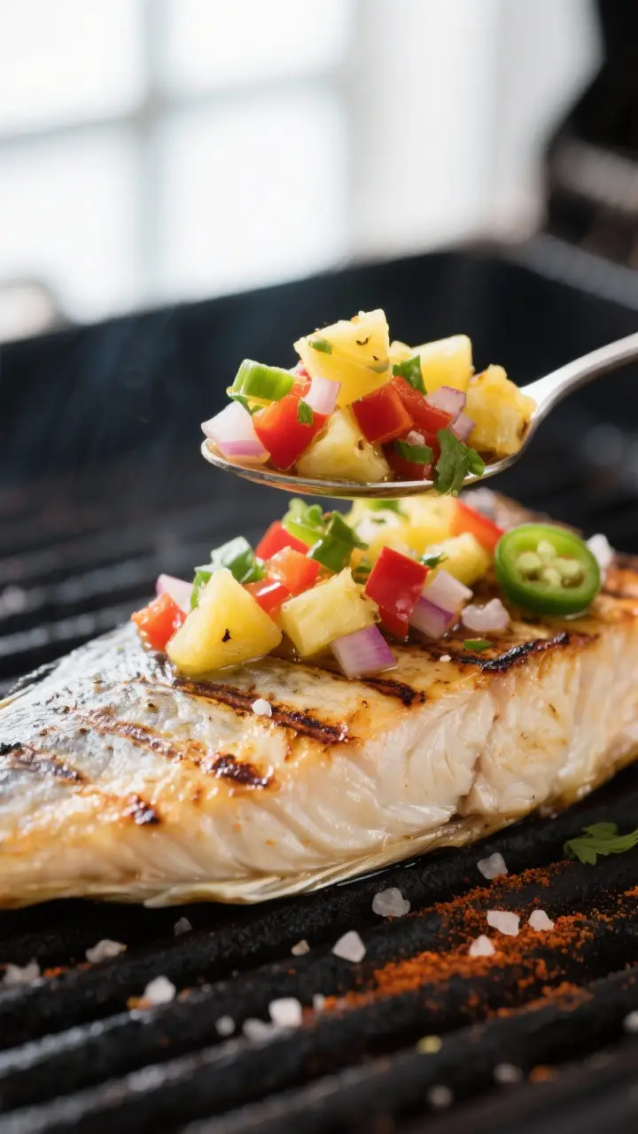 Close-up detail: Grilled mahi mahi fillet just off the grill with defined char marks and a light gla