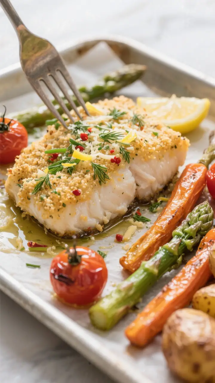 Close-up detail: Herb-crusted cod just out of the oven on a parchment-lined sheet pan, highlighting 