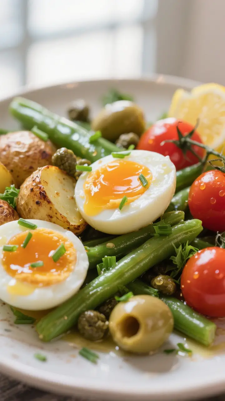 Close-up detail — Jammy eggs and spring vegetables: Macro shot of quartered 7-minute eggs with glo