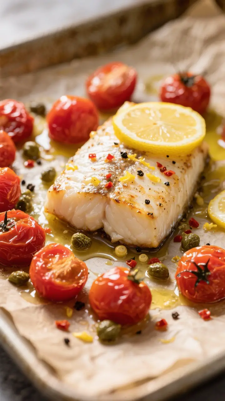 Close-up detail: Jammy roasted cherry tomatoes nestled around flaky, just-cooked lemon–garlic cod 