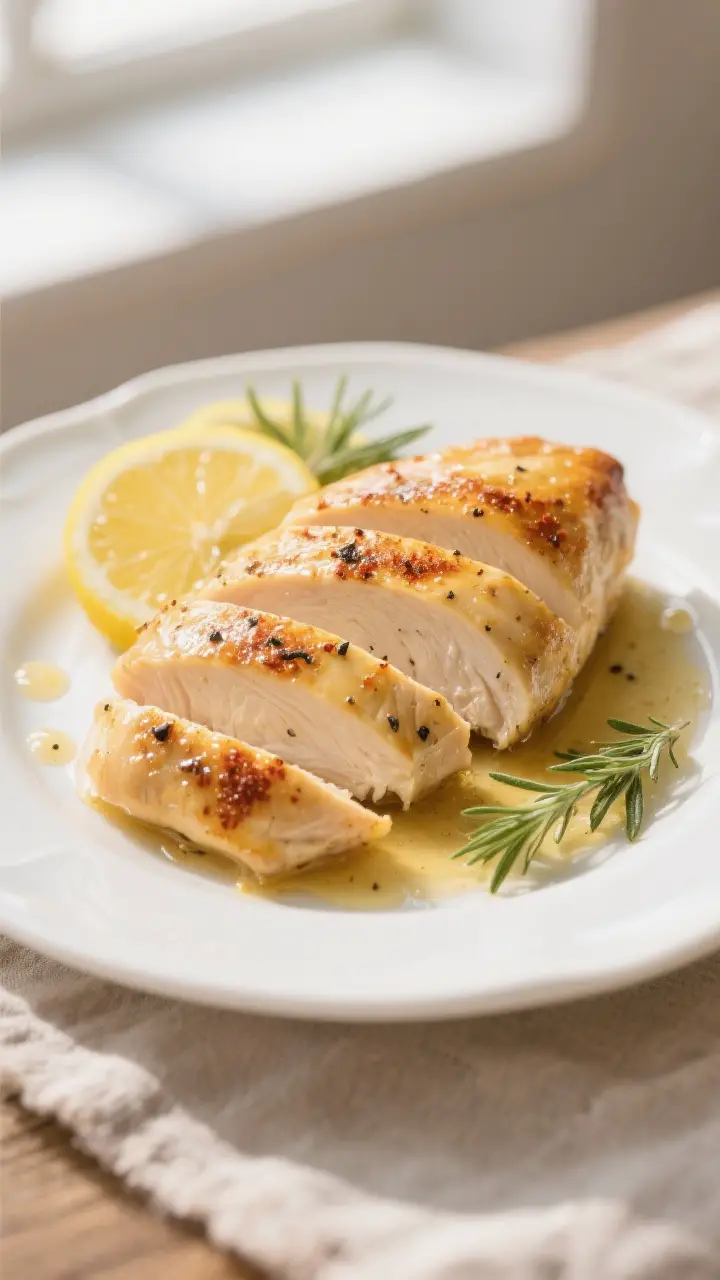 Close-up detail: Juicy baked chicken breast sliced at a 45-degree angle, glistening with lemon-thyme