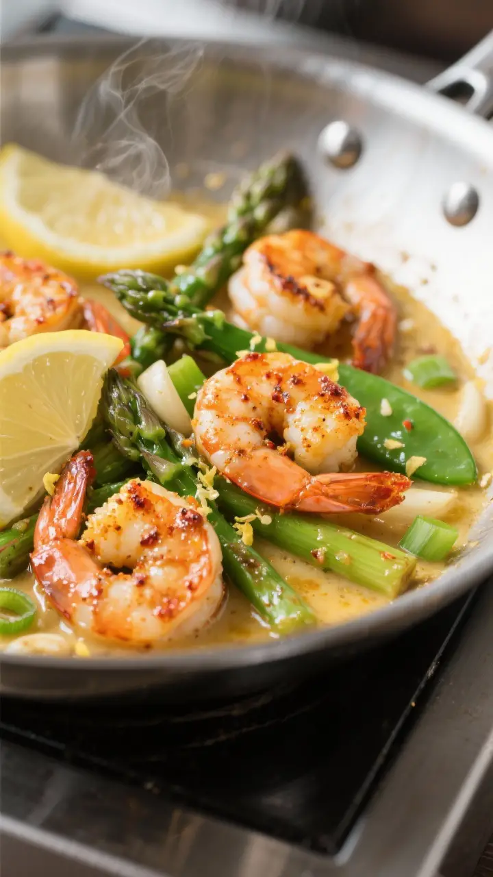 Close-up detail: Juicy Cajun-seasoned shrimp just finished in a buttery, garlicky lemon pan sauce, n