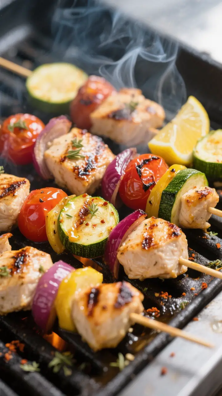 Close-up detail: Juicy grilled chicken and vegetable skewers sizzling on a clean, oiled grill at med