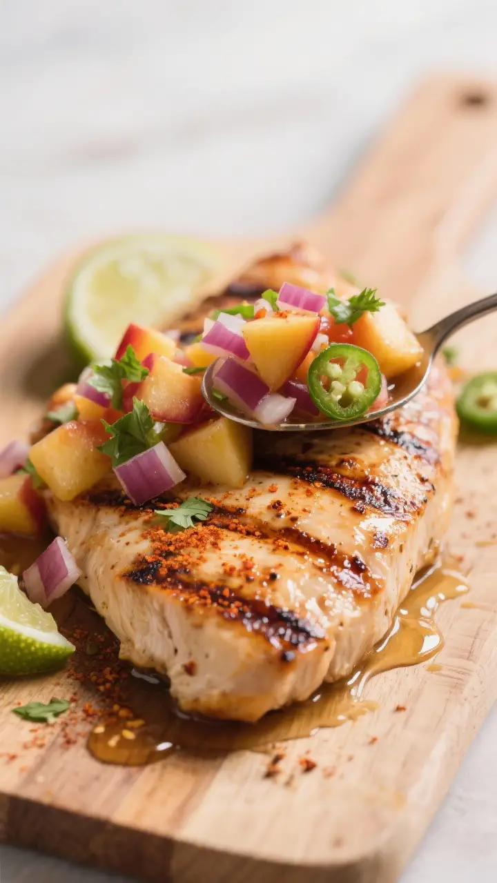 Close-up detail: Juicy grilled chicken breast resting on a cutting board, deep caramelized grill mar