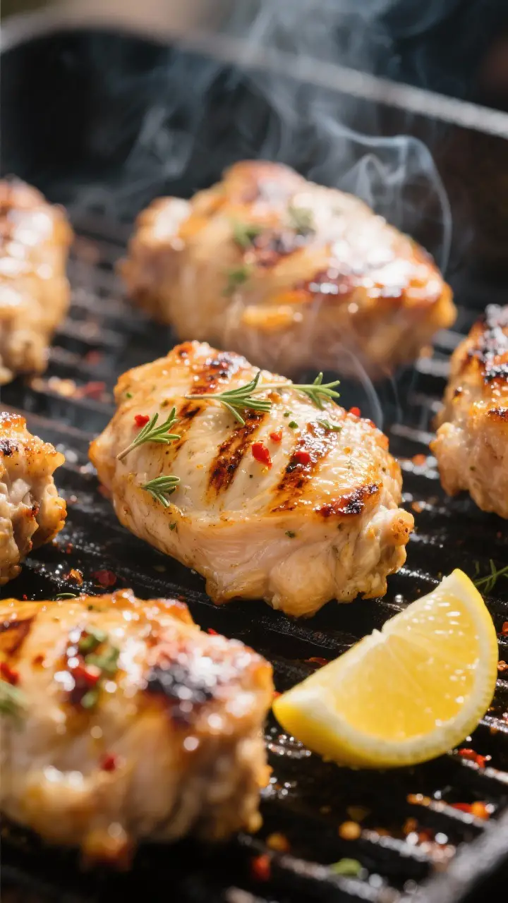 Close-up detail: Juicy grilled lemon chicken thighs on hot grill grates, light char marks and carame
