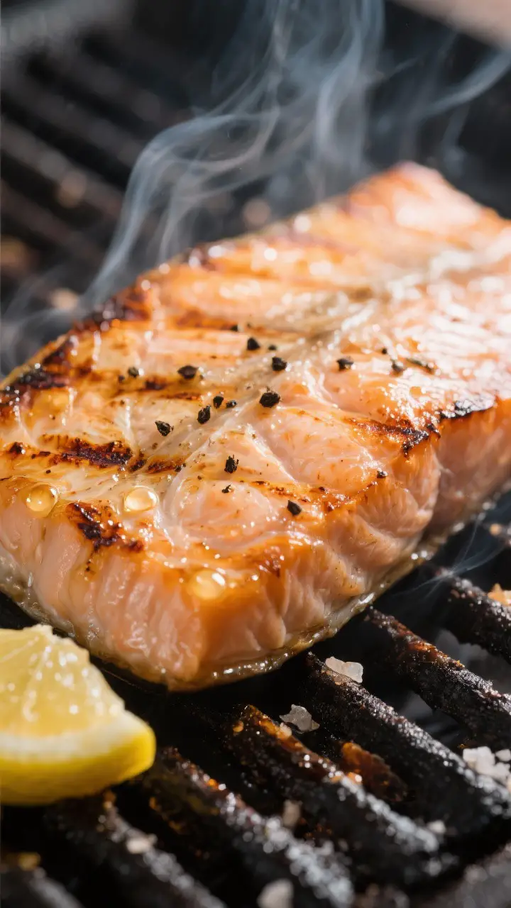 Close-up detail: Juicy grilled salmon fillet skin-side down on hot grates, showing crisped, rendered