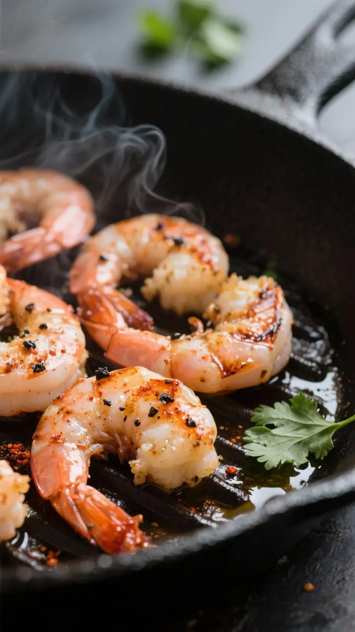 Close-up detail: Juicy grilled shrimp just off the grill pan, lightly charred with a smoky paprika s