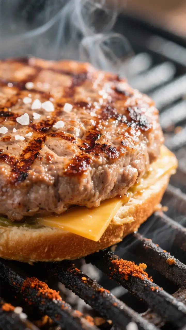 Close-up detail: Juicy grilled turkey burger patty just off the grill, surface glistening with rende