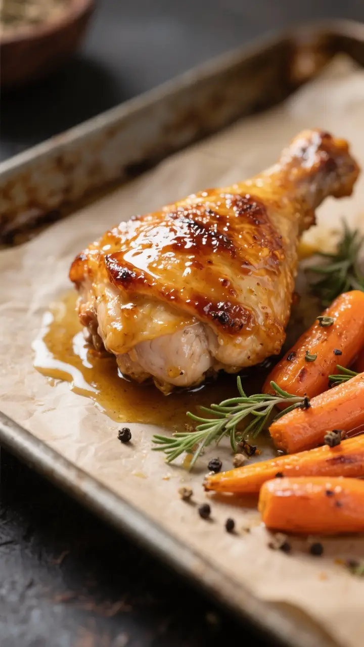 Close-up detail: Juicy honey-mustard glazed chicken thigh just out of the oven with caramelized edge