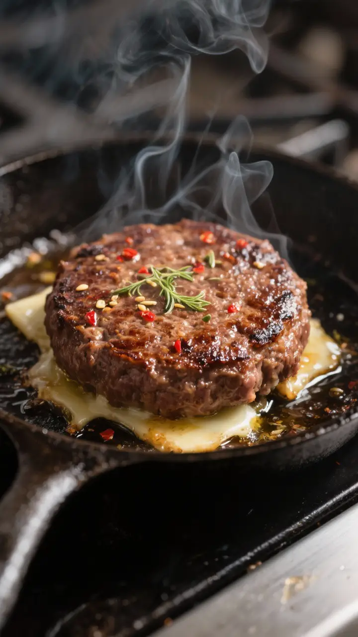 Close-up detail: Juicy Italian sausage–beef patty sizzling in a cast-iron skillet, deep brown crus