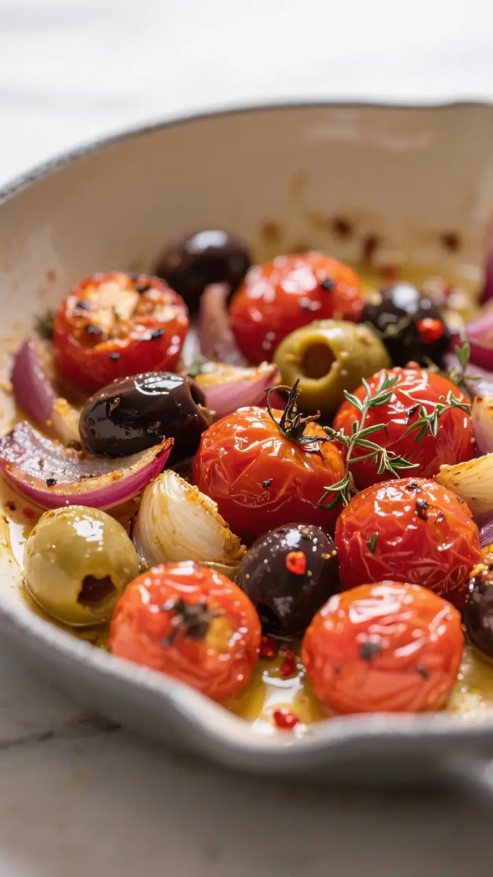 Close-up detail: Juicy, oven-roasted cherry tomatoes and halved Kalamata/Castelvetrano olives mingli