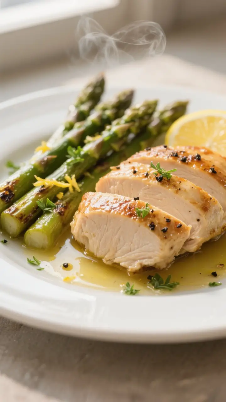 Close-up detail: Juicy roasted chicken breast sliced to reveal moist interior, glistening with silky
