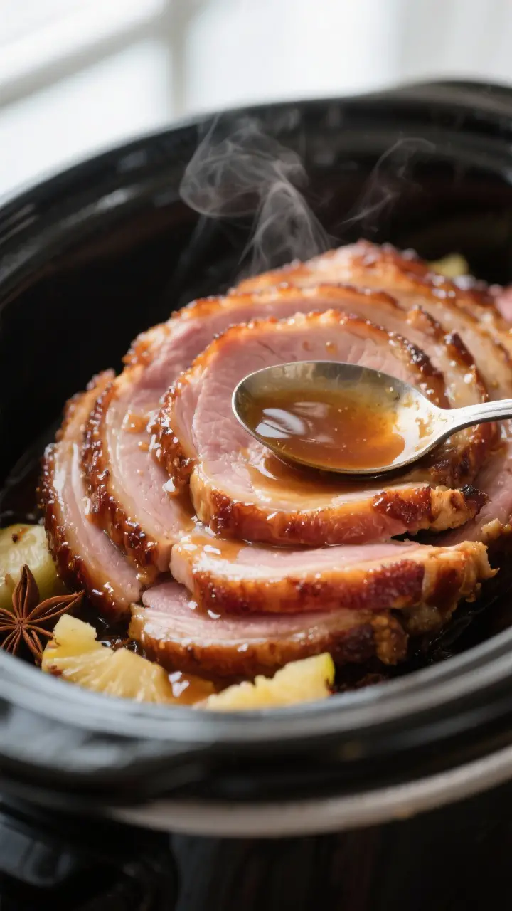 Close-up detail: Juicy spiral-cut ham in a crockpot, slices fanned upward and glistening with a stic