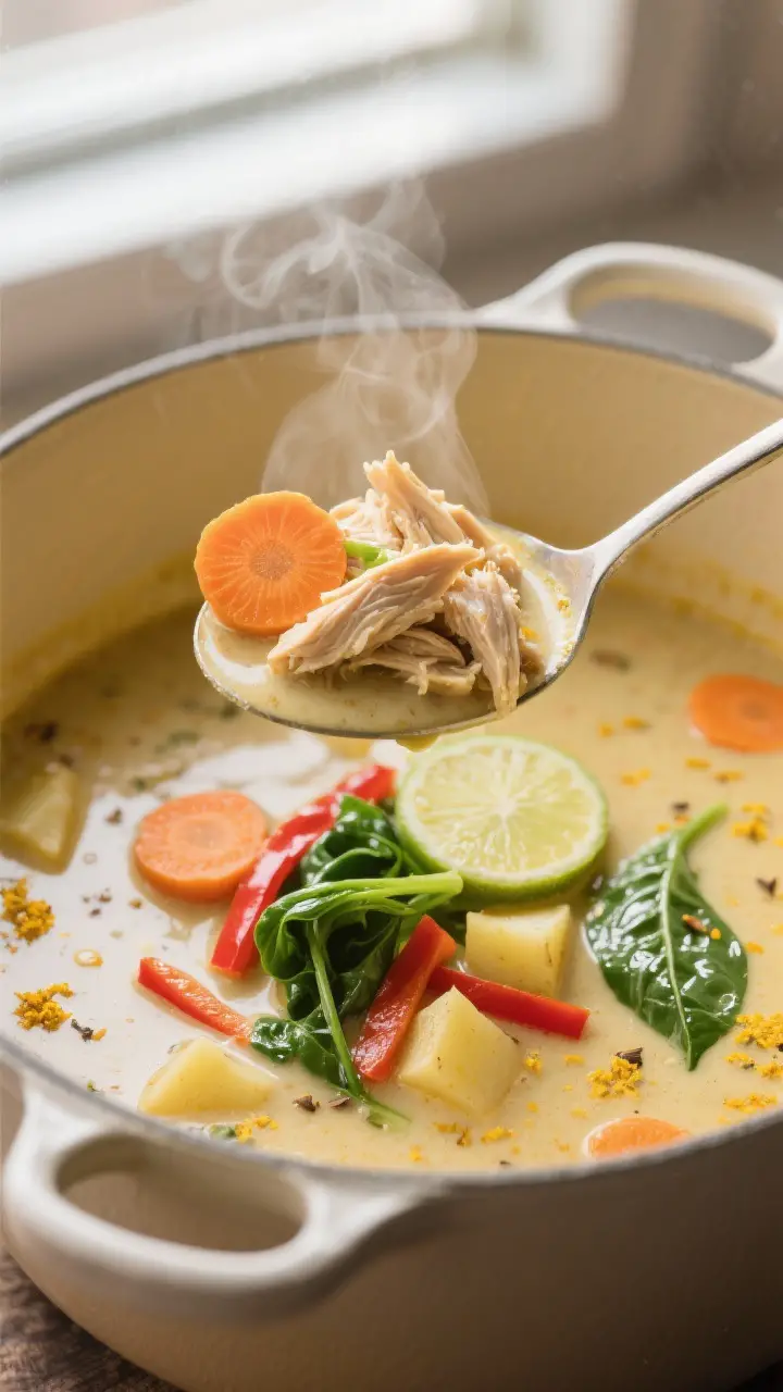 Close-up detail: Ladle lifting creamy chicken curry soup from a Dutch oven, showing tender shredded