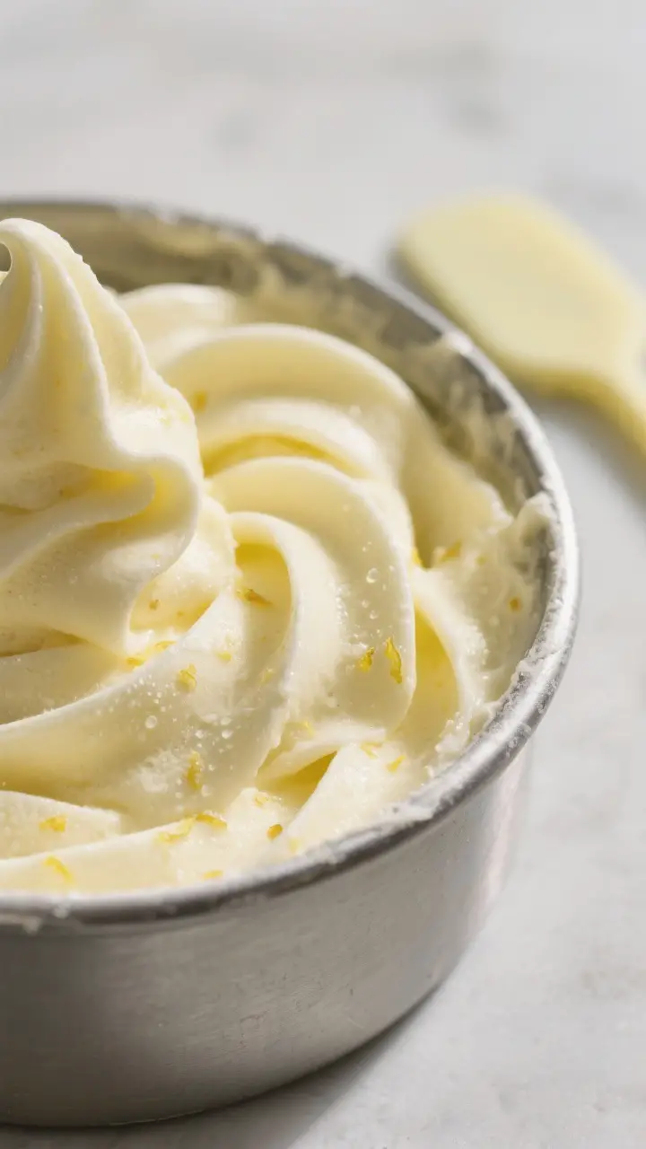 Close-up detail: Lemon sherbet at soft-serve stage just after churning, silky ribbons folding into t