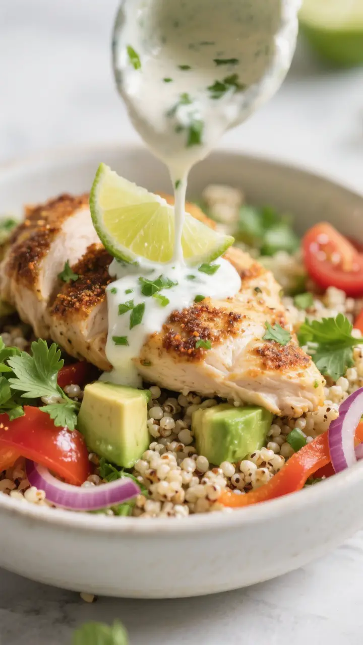 Close-up detail – lime-cilantro drizzle and textures: Macro, three-quarter angle of a finished bow