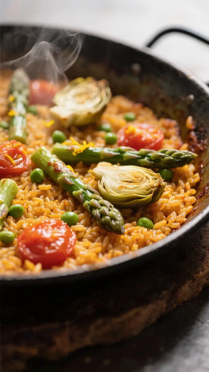 Close-up detail: macro of saffron-kissed Bomba rice developing socarrat in a wide paella pan, showin