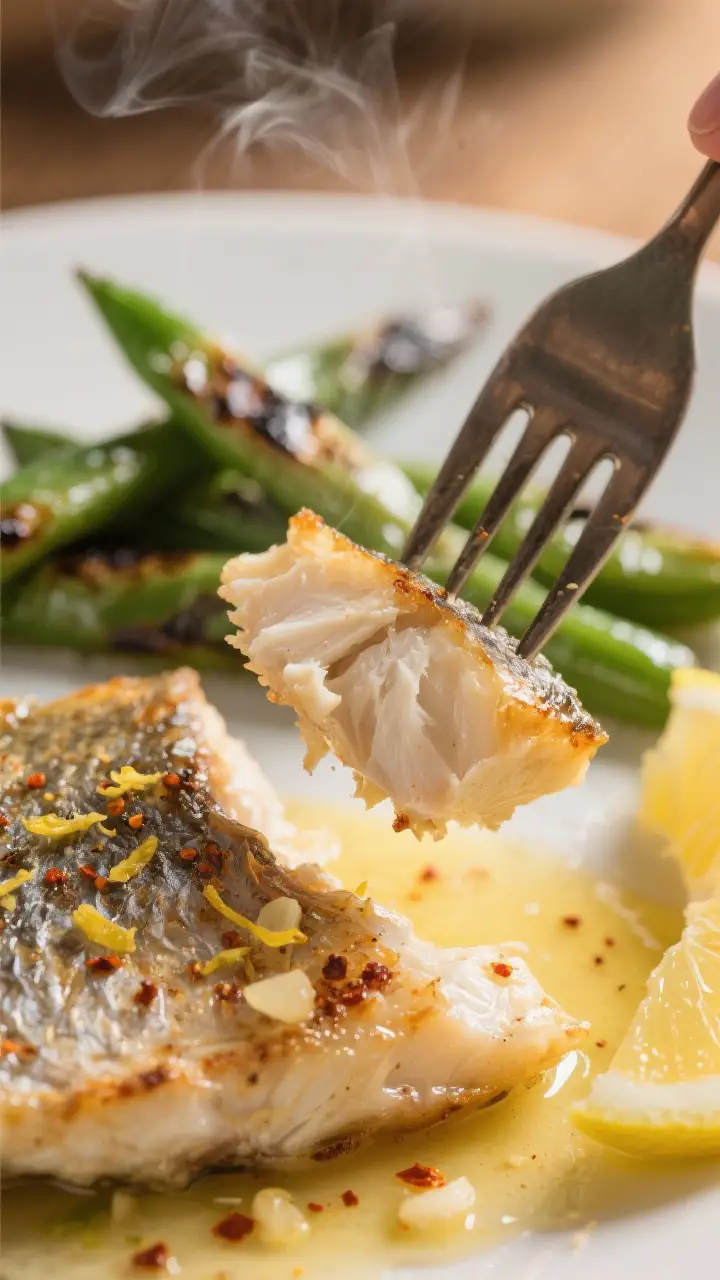 Close-up detail: Macro shot of a roasted tilapia fillet just flaking with a fork, . Focus on the moi